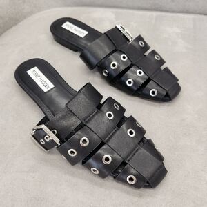 Steve Madden Mules 8.5 Black Leather Ladera Studs Intrecciato Almond Toe New $90